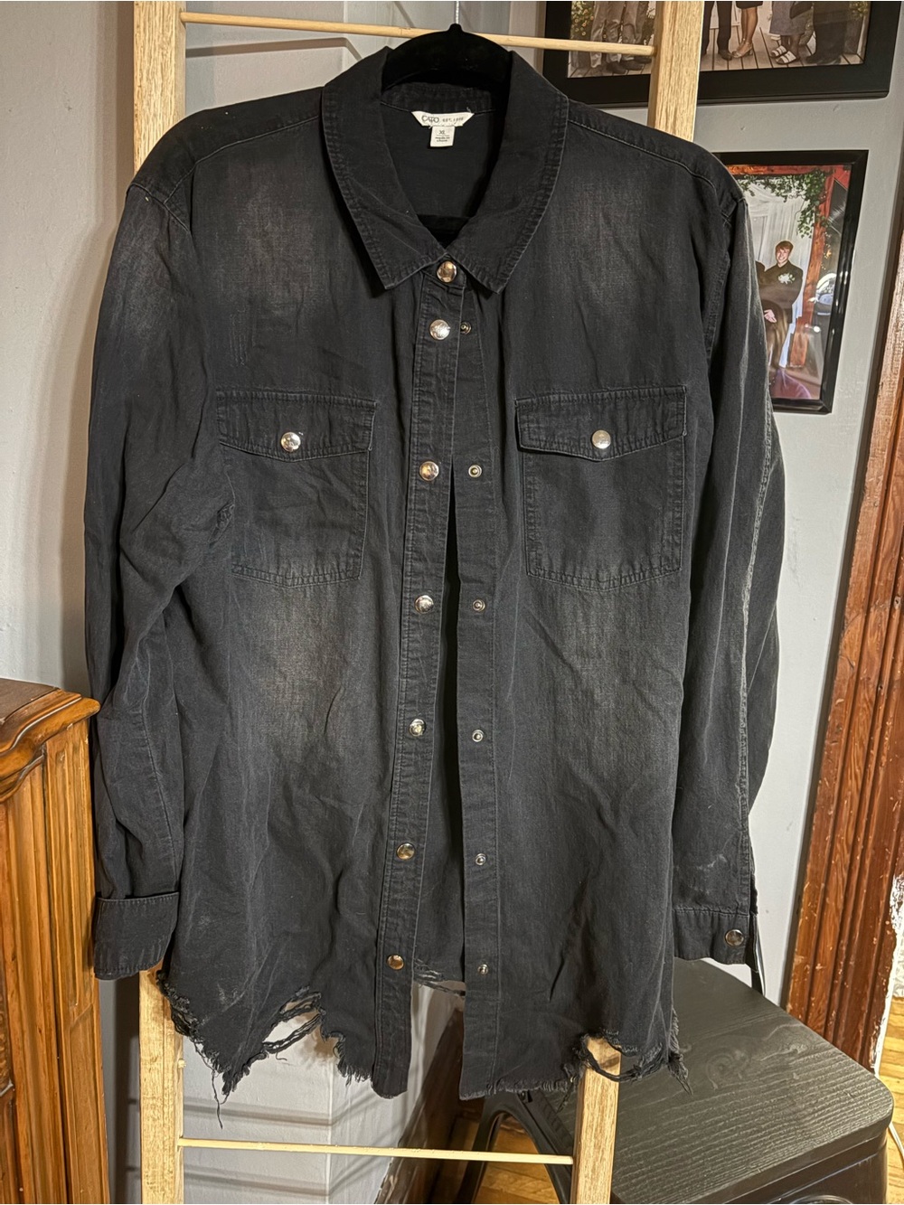Black Distressed Button-Front Women’s Denim Shirt Jacket